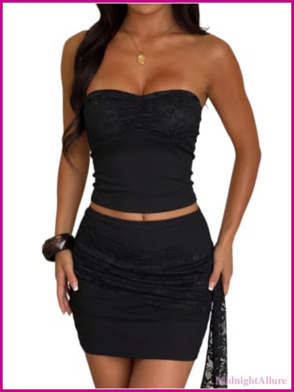 2 Piece Skirt Sets Women's Mesh Ruched Strapless Tube Top Bodycon Mini Skirt